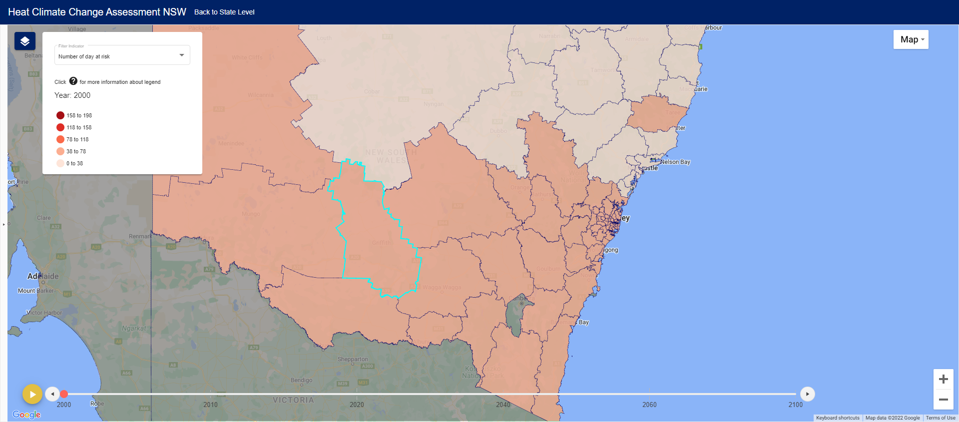 Figure 2: Example of choropleth map with interactive region highlighting, with interactive capabilities, such as shared table-map region highlighting and colour coding.
